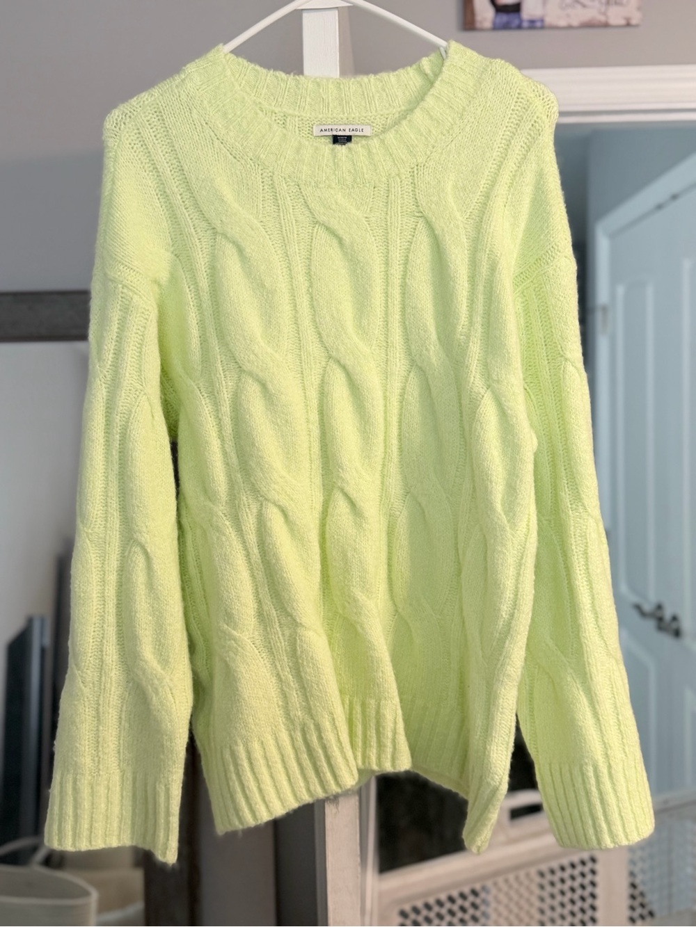 American Eagle Outfitters Neon Lime Cable Knit Crewneck Sweater